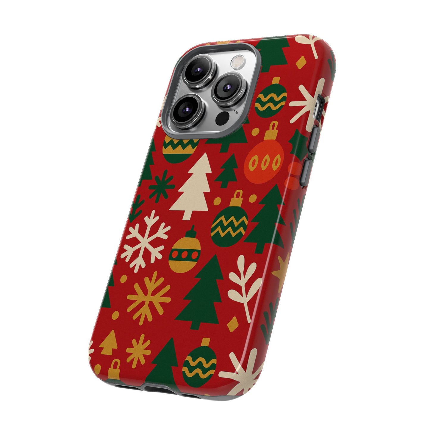 vibrant red 3d wrap protective phone case with christmas tree and ornament design for stylish protection compatible with iphone 13, 14, 15 & 16 – all models including pro, pro max & plus