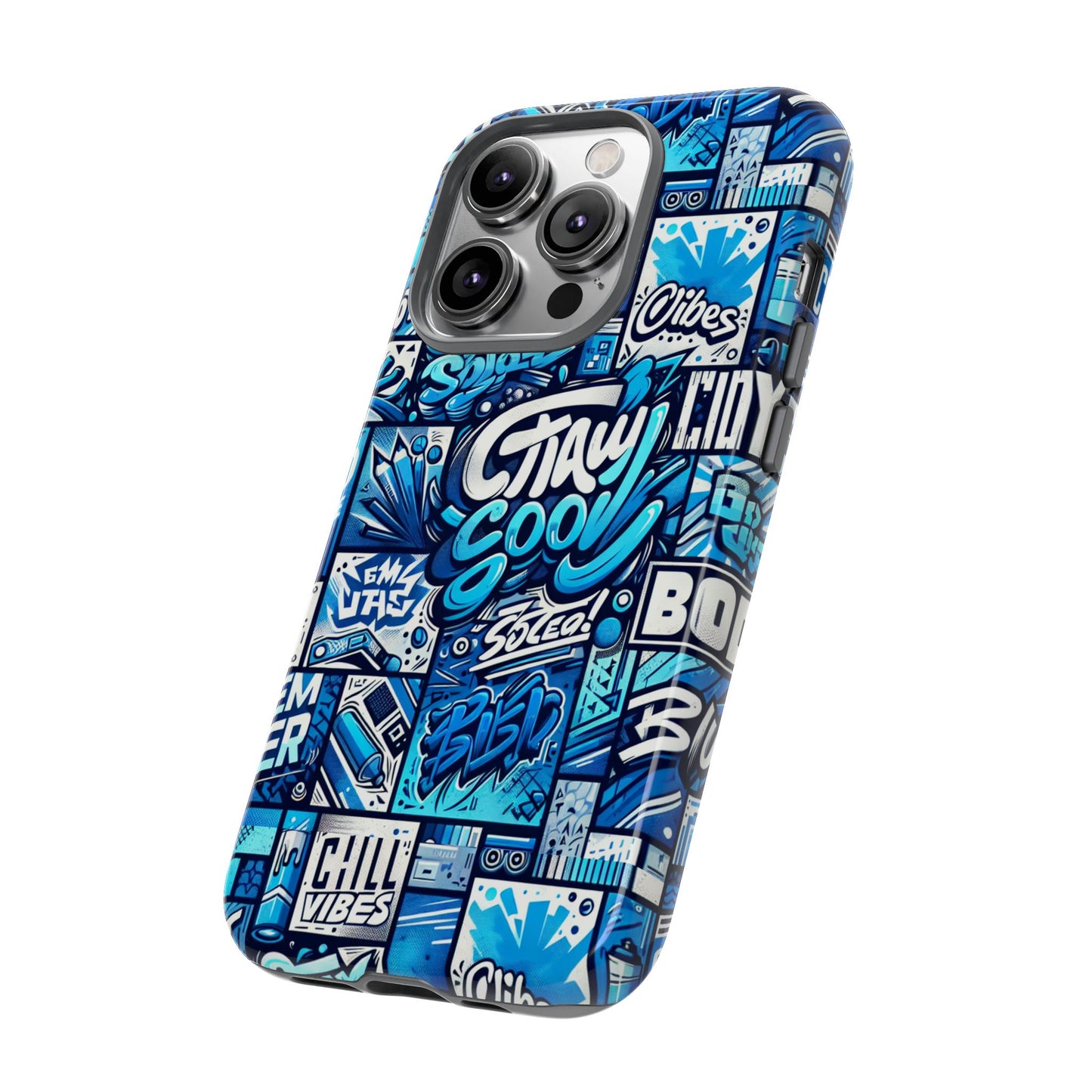 vibrant 3d graphic phone case in blue with playful design for stylish protection compatible with iphone 13, 14, 15 & 16 – all models including pro, pro max & plus