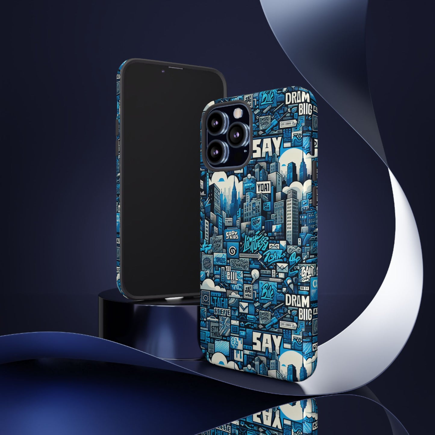 protective phone case with 3d urban design in blue for stylish protection – trendy accessory compatible with iphone 13, 14, 15 & 16 – all models including pro, pro max & plus