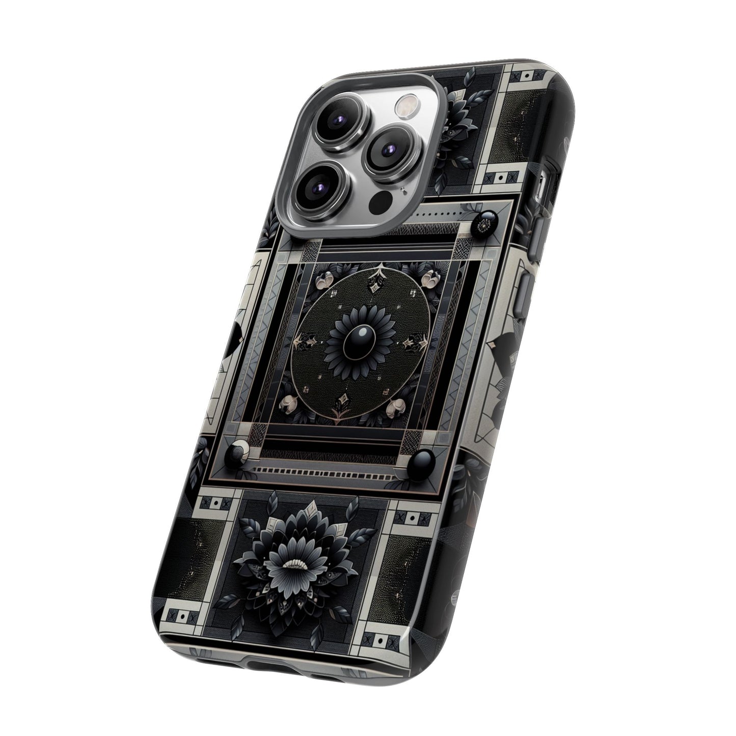 pattern image 4 vibrant shockproof phone case for anime and comic fans, geometric black and silver design, durable protective cover compatible with iphone 13, 14, 15 & 16 – all models including pro, pro max & plus