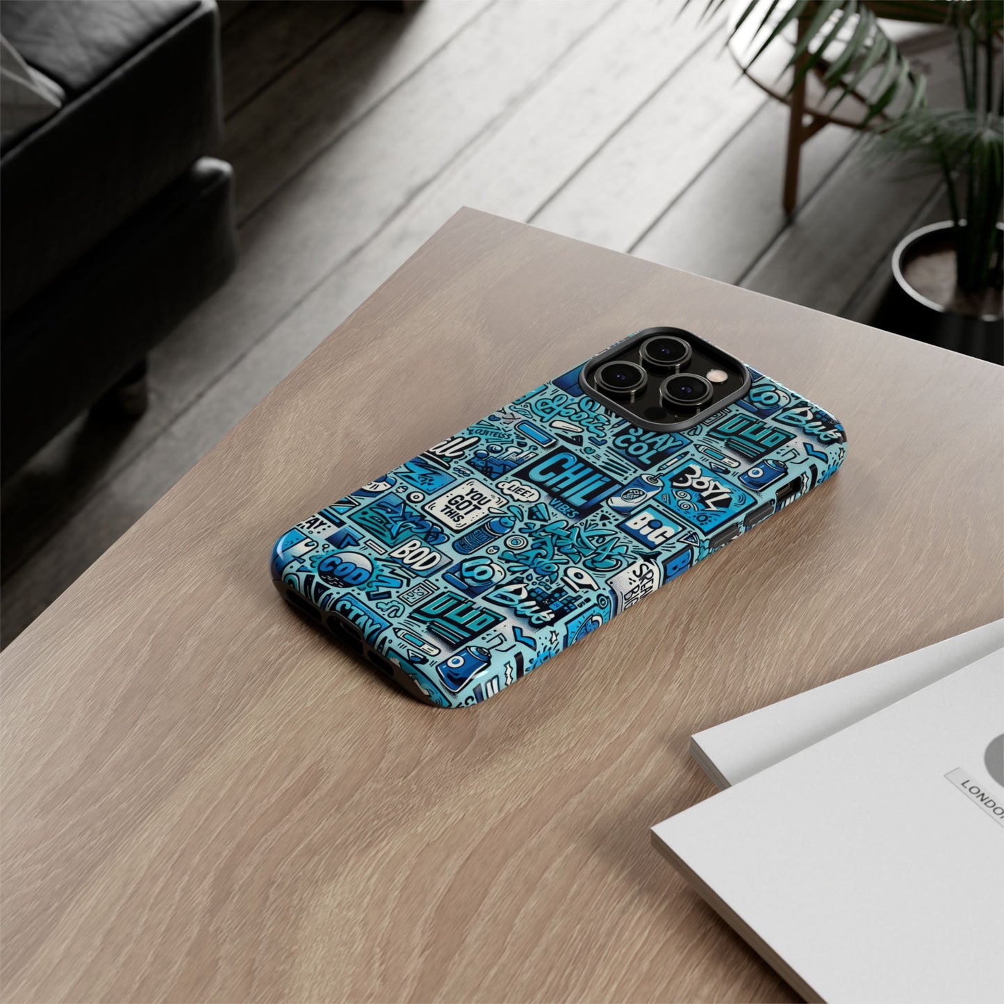 vibrant retro graffiti phone case in blue for men and women stylish protection accessory compatible with iphone 13, 14, 15 & 16 – all models including pro, pro max & plus