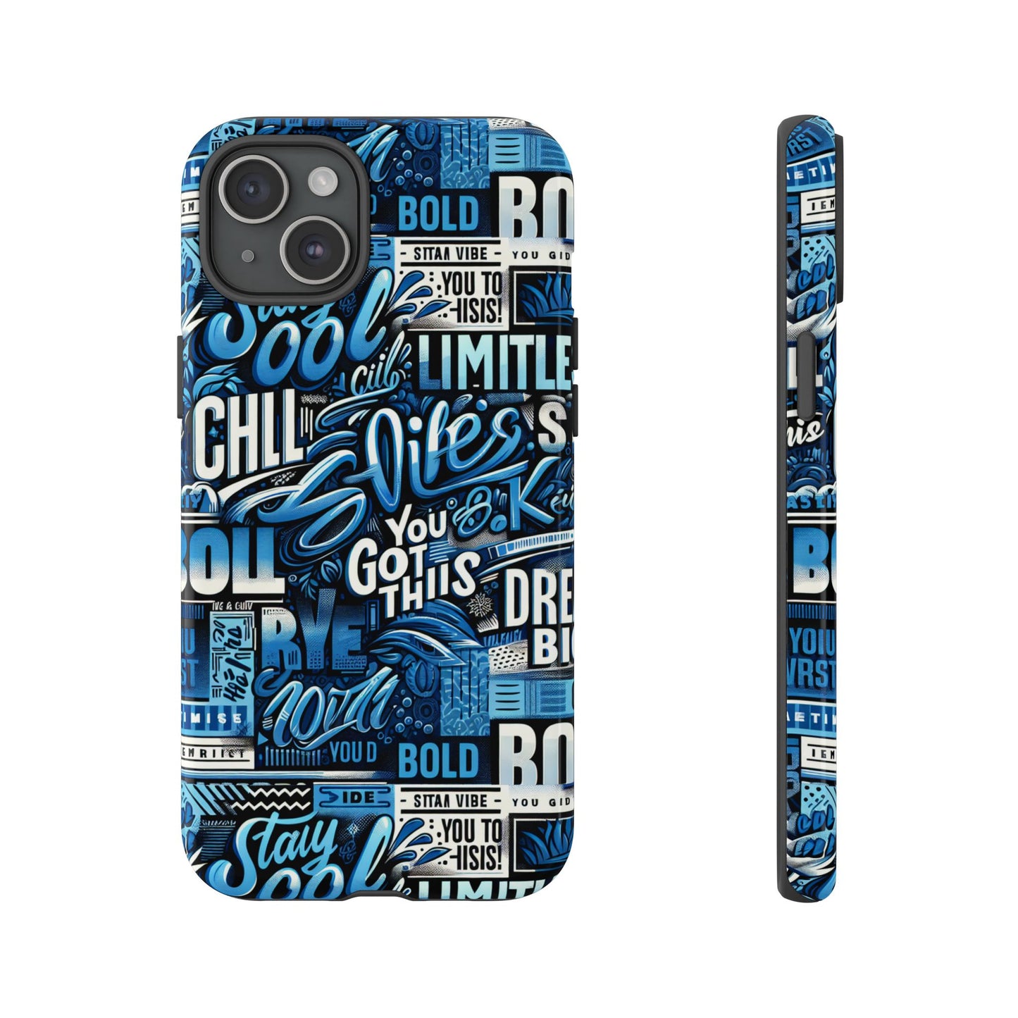 vibrant protective phone case with playful typography design in blue – stylish self-expression accessory compatible with iphone 13, 14, 15 & 16 – all models including pro, pro max & plus