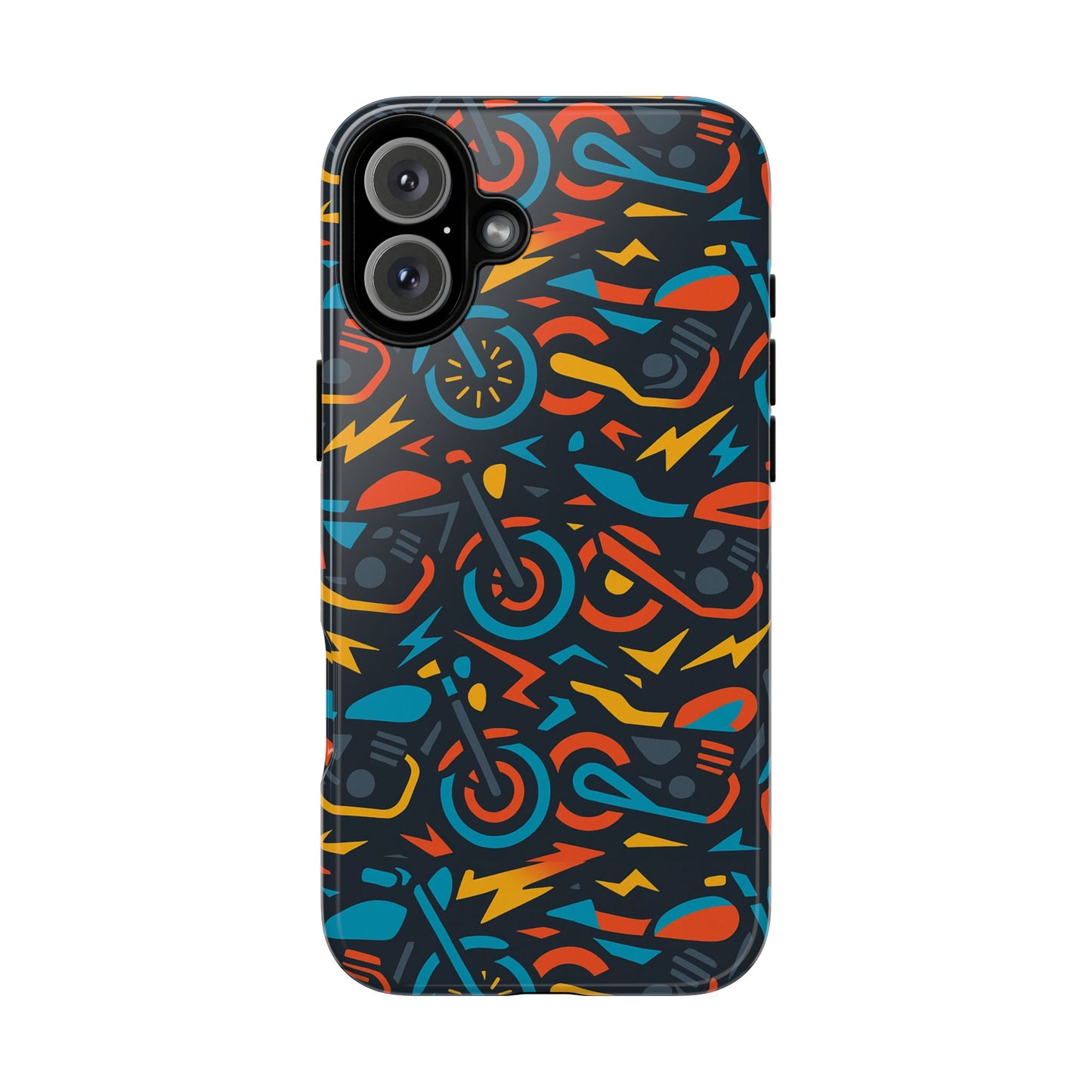 multicolour 3d wrap phone case with fun motorcycle design, stylish protective accessory for men and women, compatible with iphone 13, 14, 15 & 16 – all models including pro, pro max & plus