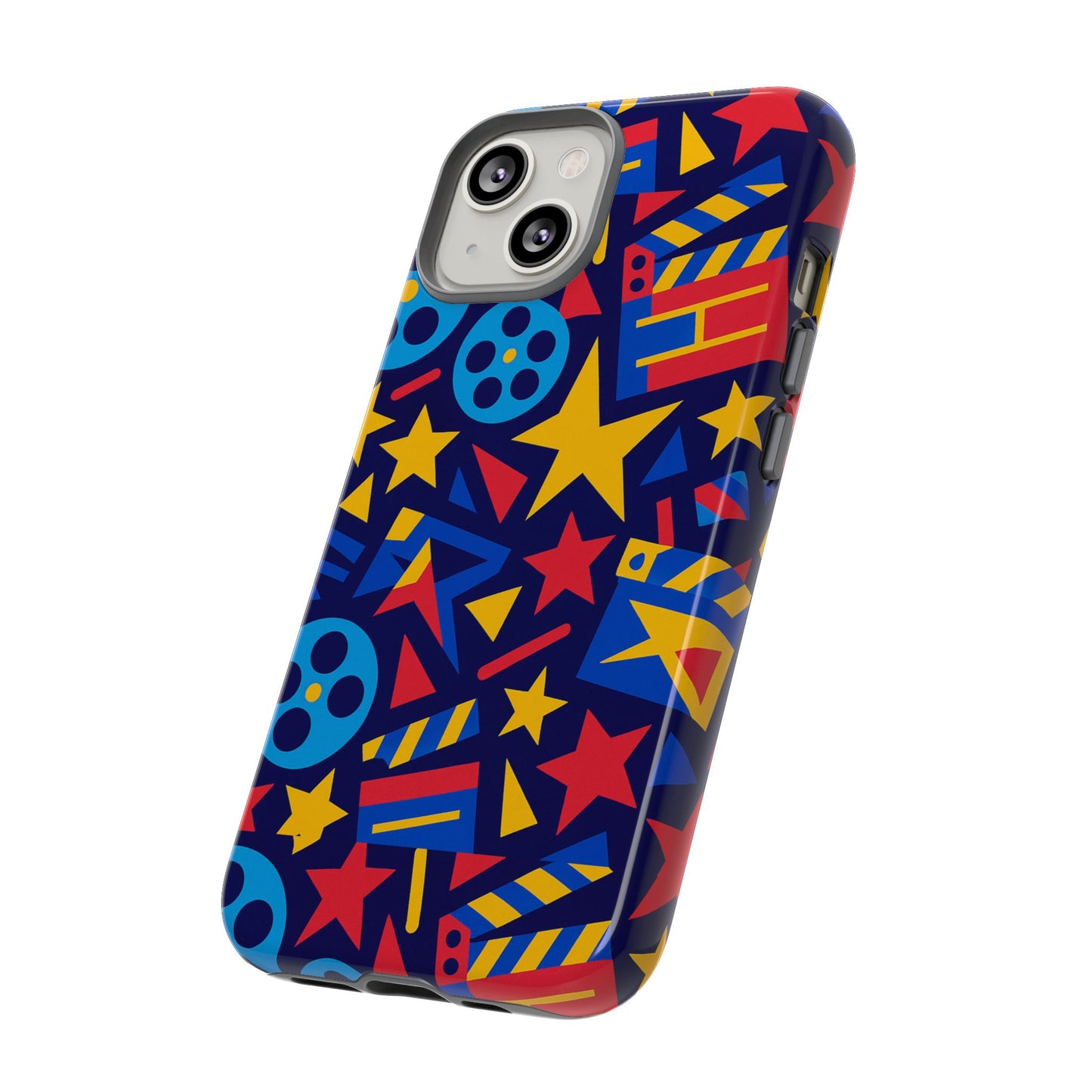 vibrant movie theme protective phone case with 3d wrap design – colourful stars and film reels – stylish protection compatible with iphone 13, 14, 15 & 16 – all models including pro, pro max & plus