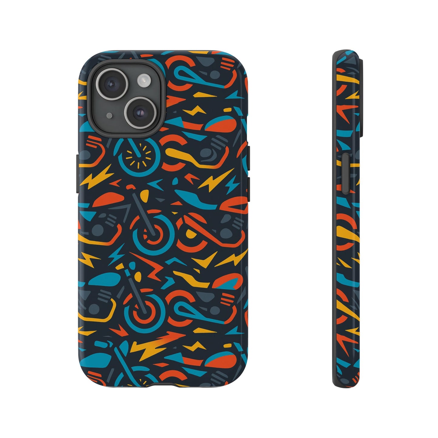multicolour 3d wrap phone case with fun motorcycle design, stylish protective accessory for men and women, compatible with iphone 13, 14, 15 & 16 – all models including pro, pro max & plus