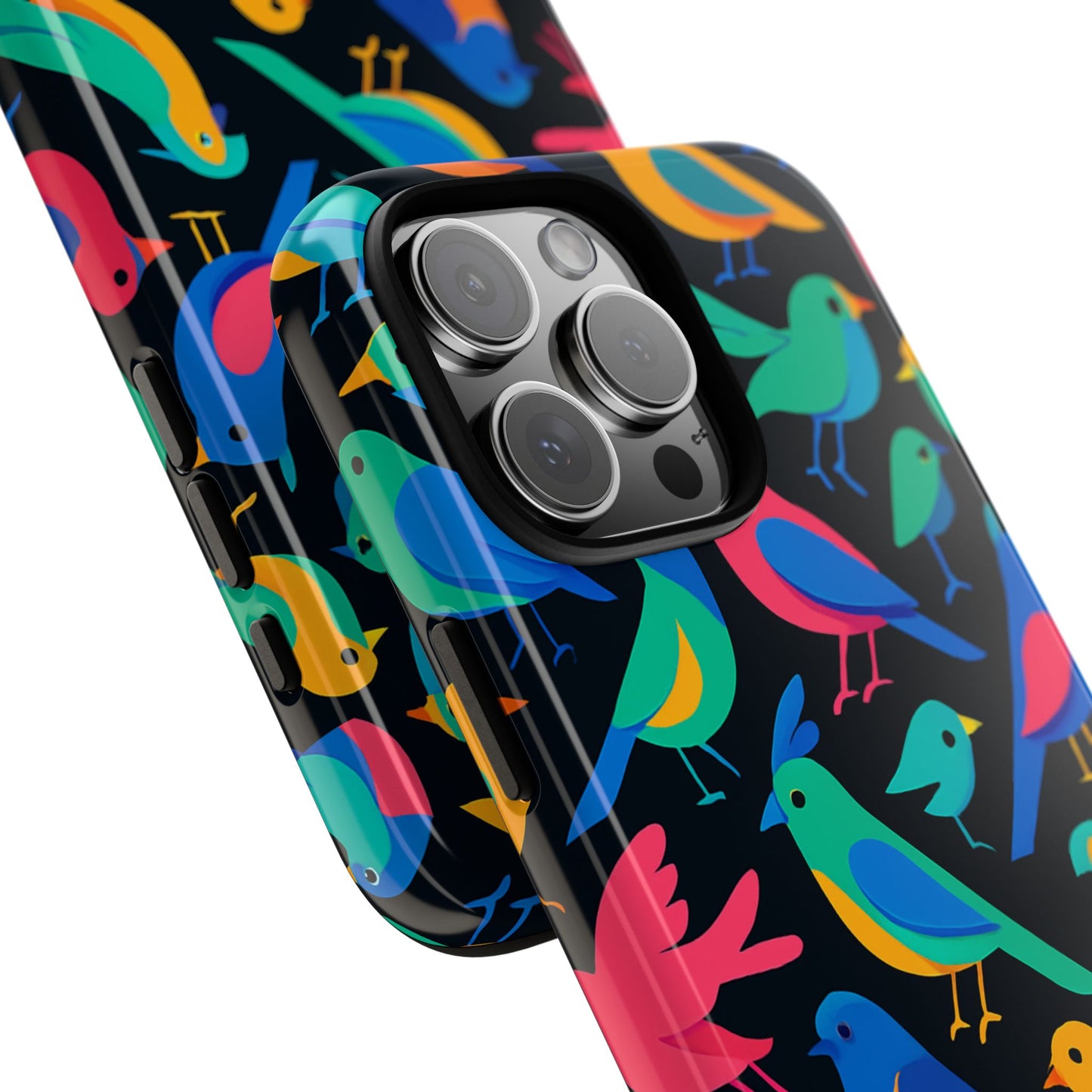 vibrant multicolour 3d bird print protective phone case for smart devices – unique accessory for trendsetters compatible with iphone 13, 14, 15 & 16 – all models including pro, pro max & plus