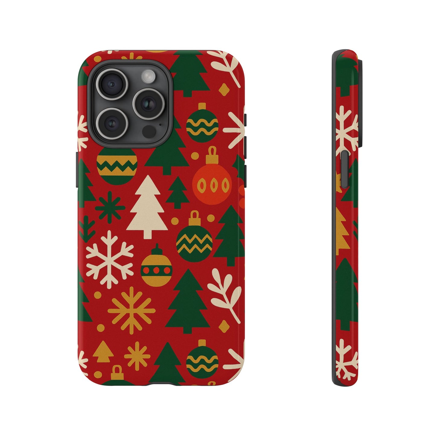 vibrant red 3d wrap protective phone case with christmas tree and ornament design for stylish protection compatible with iphone 13, 14, 15 & 16 – all models including pro, pro max & plus