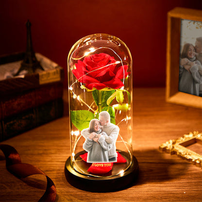 Custom Photo Text Led Night Light Glass Cover Eternal Red Rose Flower Home Desktop Decoration Gift for Valentine's Day and Birthdays