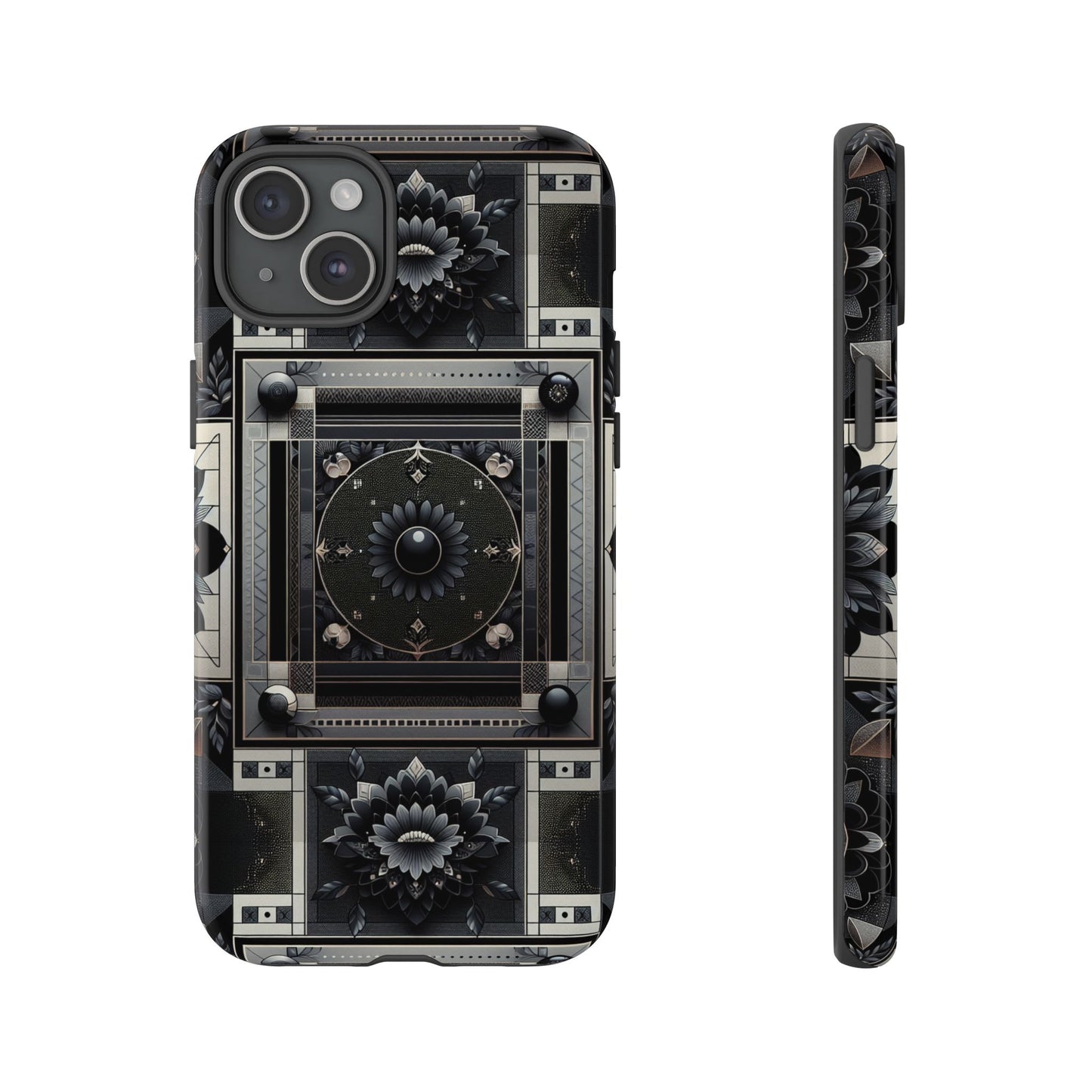 pattern image 4 vibrant shockproof phone case for anime and comic fans, geometric black and silver design, durable protective cover compatible with iphone 13, 14, 15 & 16 – all models including pro, pro max & plus