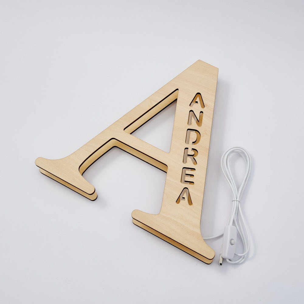 personalized name wooden letter night light 28cm for kids home decor with usb and adhesive backing, warm led glow, unique wall art a-z letters