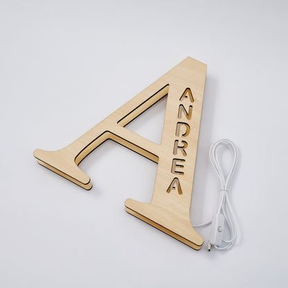 Personalized Name Wooden Letter Night Light 28CM for Kids Home Decor with USB and Adhesive Backing, Warm LED Glow, Unique Wall Art A-Z Letters