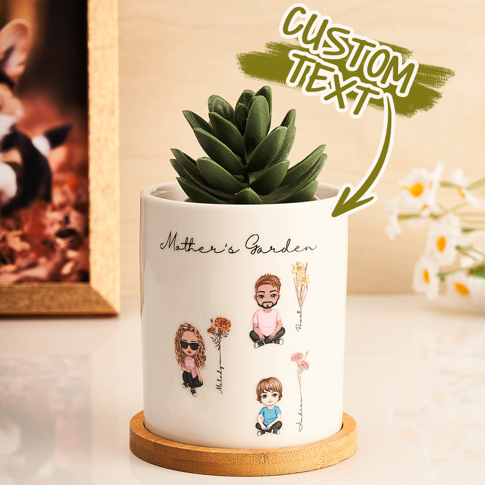 personalized cartoon figure birth flower ceramic plant pot gift for grandma and mum