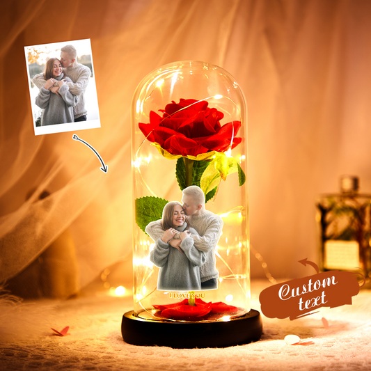 Custom Photo Text Led Night Light Glass Cover Eternal Red Rose Flower Home Desktop Decoration Gift for Valentine's Day and Birthdays