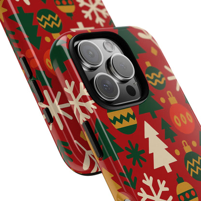 Vibrant Red 3D Wrap Protective Phone Case with Christmas Tree and Ornament Design for Stylish Protection Compatible with iPhone 13, 14, 15 & 16 – all models including Pro, Pro Max & Plus