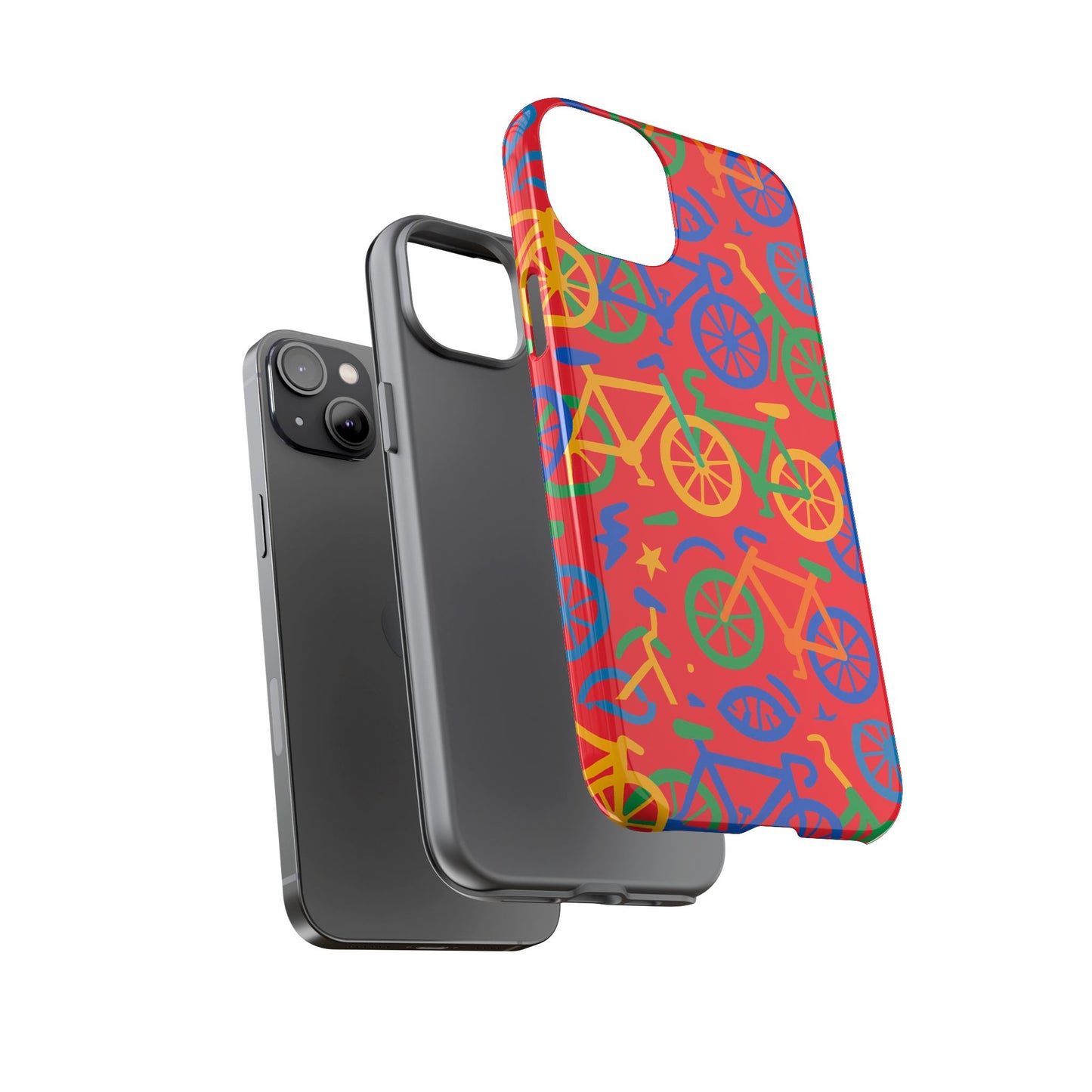 vibrant 3d bicycle pattern protective phone case in colourful retro design for stylish protection compatible with iphone 13, 14, 15 & 16 – all models including pro, pro max & plus