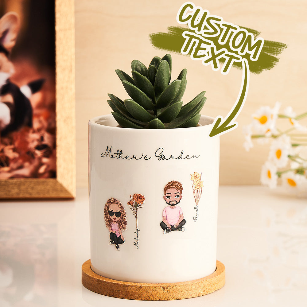 personalized cartoon figure birth flower ceramic plant pot gift for grandma and mum