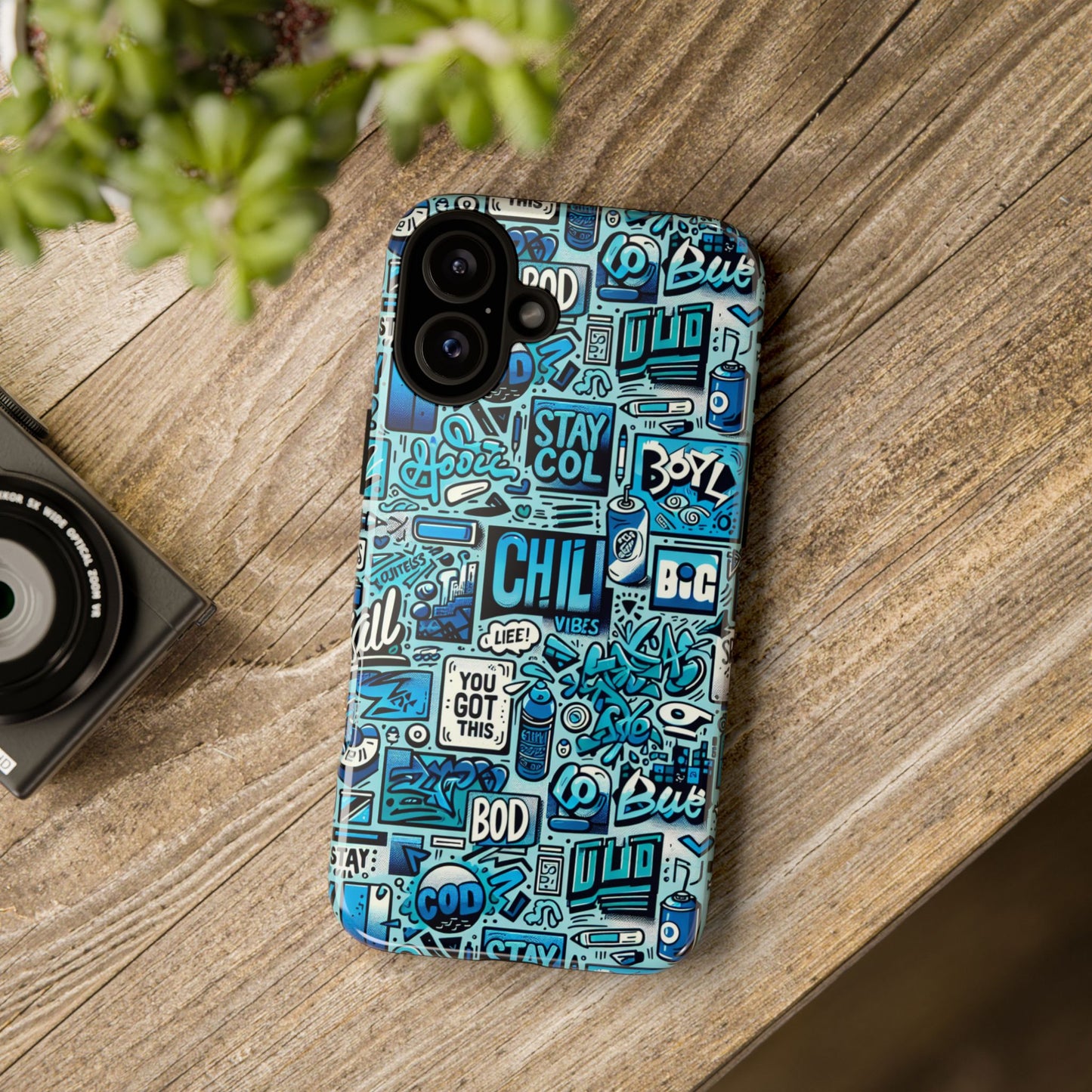 vibrant retro graffiti phone case in blue for men and women stylish protection accessory compatible with iphone 13, 14, 15 & 16 – all models including pro, pro max & plus