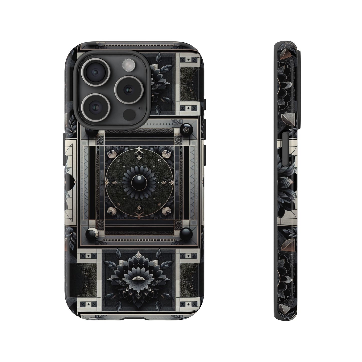 pattern image 4 vibrant shockproof phone case for anime and comic fans, geometric black and silver design, durable protective cover compatible with iphone 13, 14, 15 & 16 – all models including pro, pro max & plus