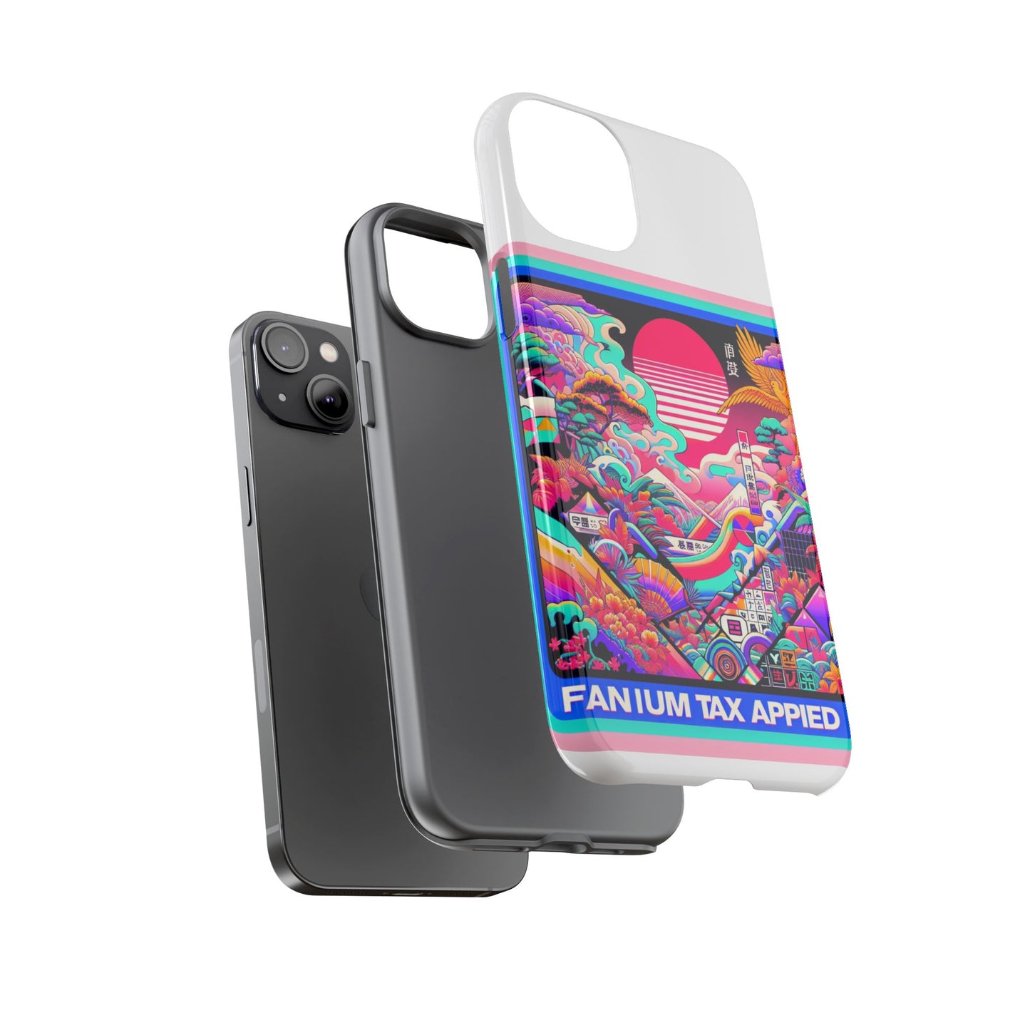 fanum tax applied protective phone case, 3d wrap design, durable silicone liner, uv protected, shock absorbing, fun anime and comic style, ideal gift for tech enthusiasts