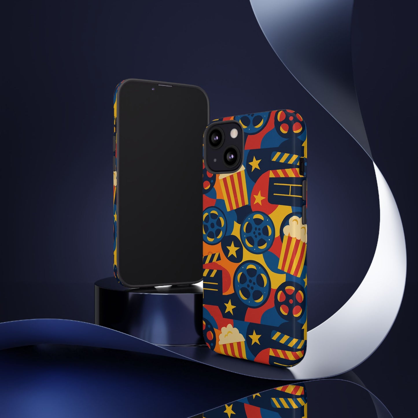 vibrant movie-themed protective phone case with colourful film reel and popcorn design for stylish protection compatible with iphone 13, 14, 15 & 16 – all models including pro, pro max & plus