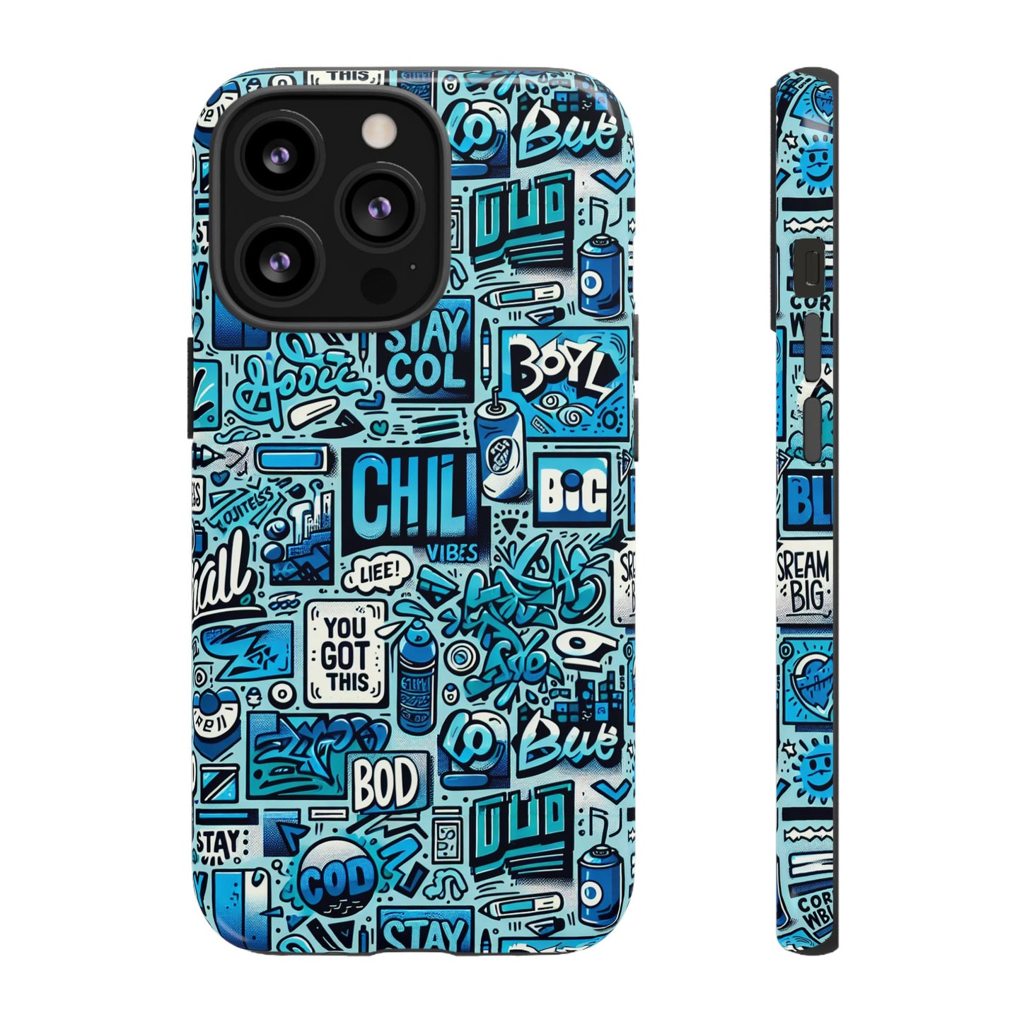 vibrant retro graffiti phone case in blue for men and women stylish protection accessory compatible with iphone 13, 14, 15 & 16 – all models including pro, pro max & plus