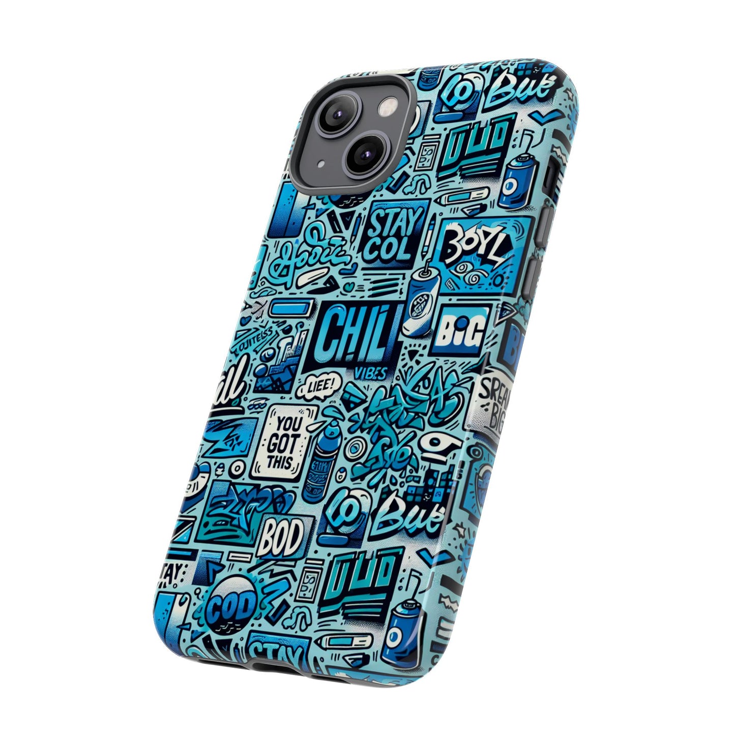vibrant retro graffiti phone case in blue for men and women stylish protection accessory compatible with iphone 13, 14, 15 & 16 – all models including pro, pro max & plus