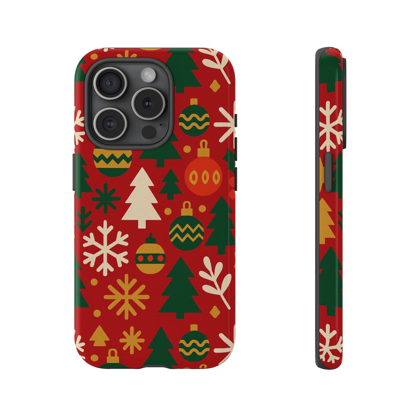 vibrant red 3d wrap protective phone case with christmas tree and ornament design for stylish protection compatible with iphone 13, 14, 15 & 16 – all models including pro, pro max & plus
