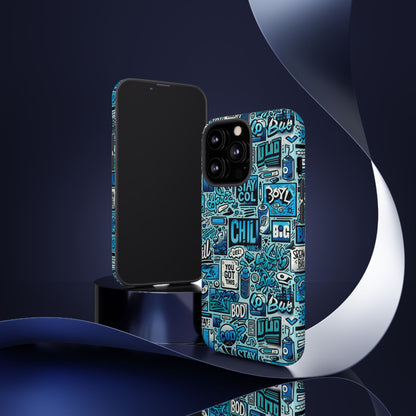 Vibrant Retro Graffiti Phone Case in Blue for Men and Women Stylish Protection Accessory Compatible with iPhone 13, 14, 15 & 16 – all models including Pro, Pro Max & Plus