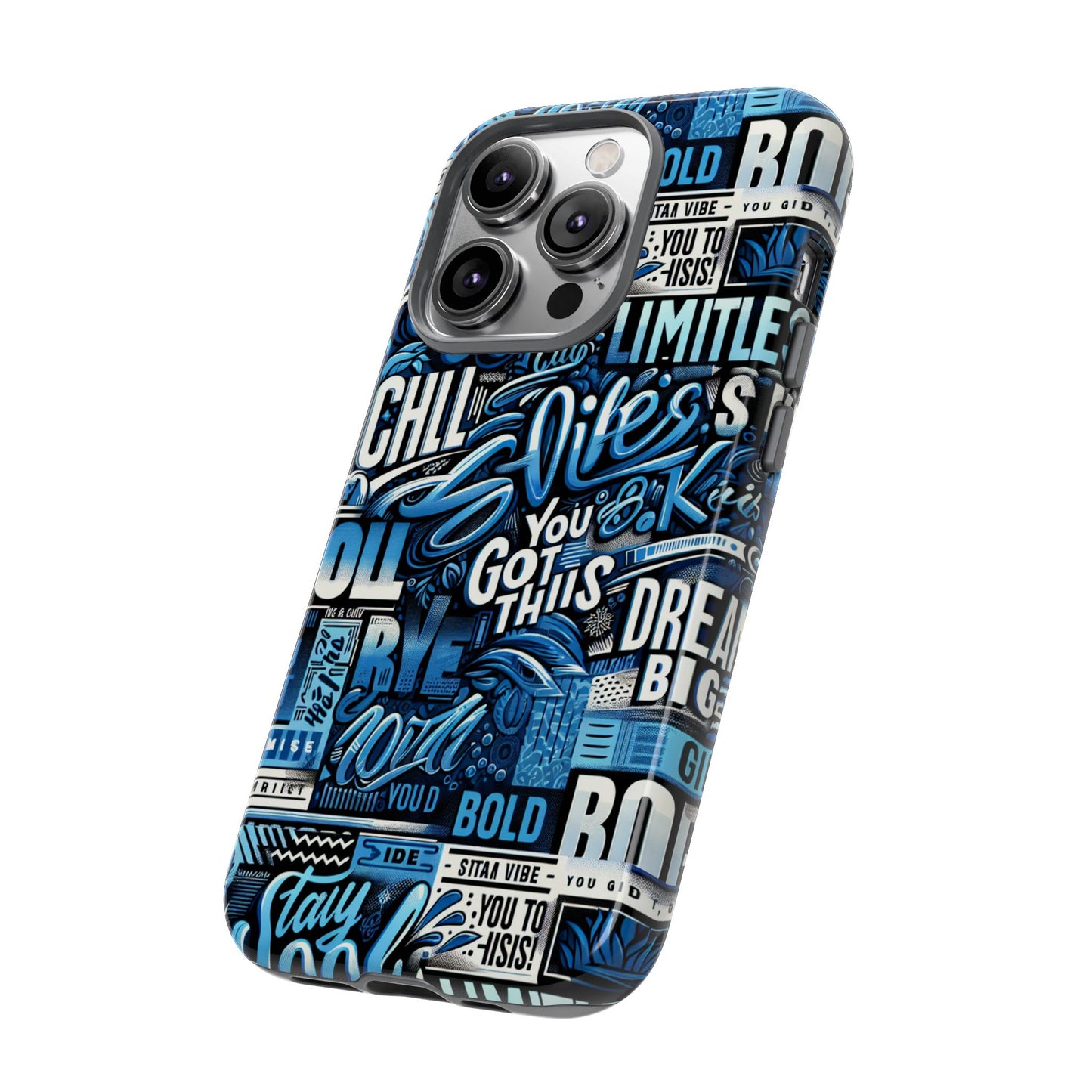 vibrant protective phone case with playful typography design in blue – stylish self-expression accessory compatible with iphone 13, 14, 15 & 16 – all models including pro, pro max & plus