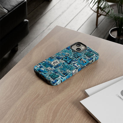 Vibrant Retro Graffiti Phone Case in Blue for Men and Women Stylish Protection Accessory Compatible with iPhone 13, 14, 15 & 16 – all models including Pro, Pro Max & Plus