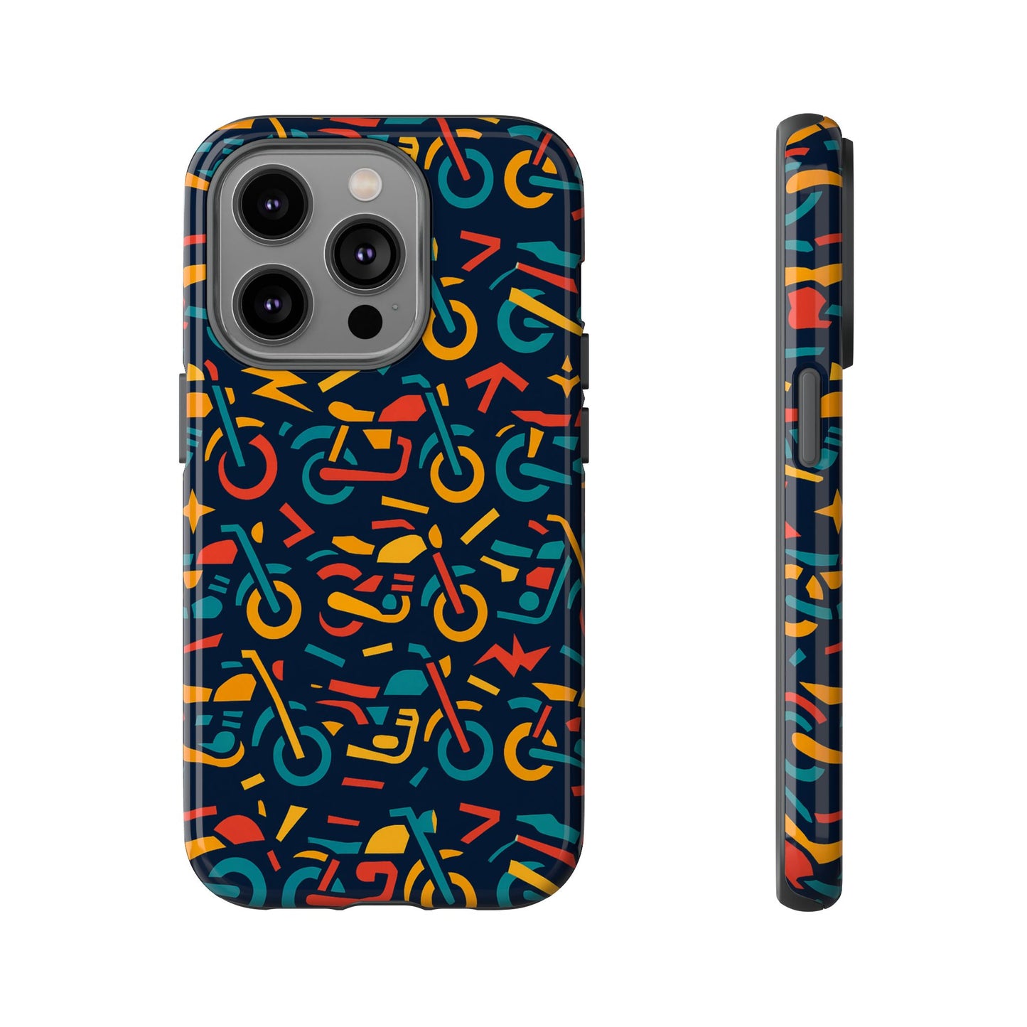 vibrant multicolour motorcycle design protective phone case for stylish protection – compatible with iphone 13, 14, 15 & 16 – all models including pro, pro max & plus