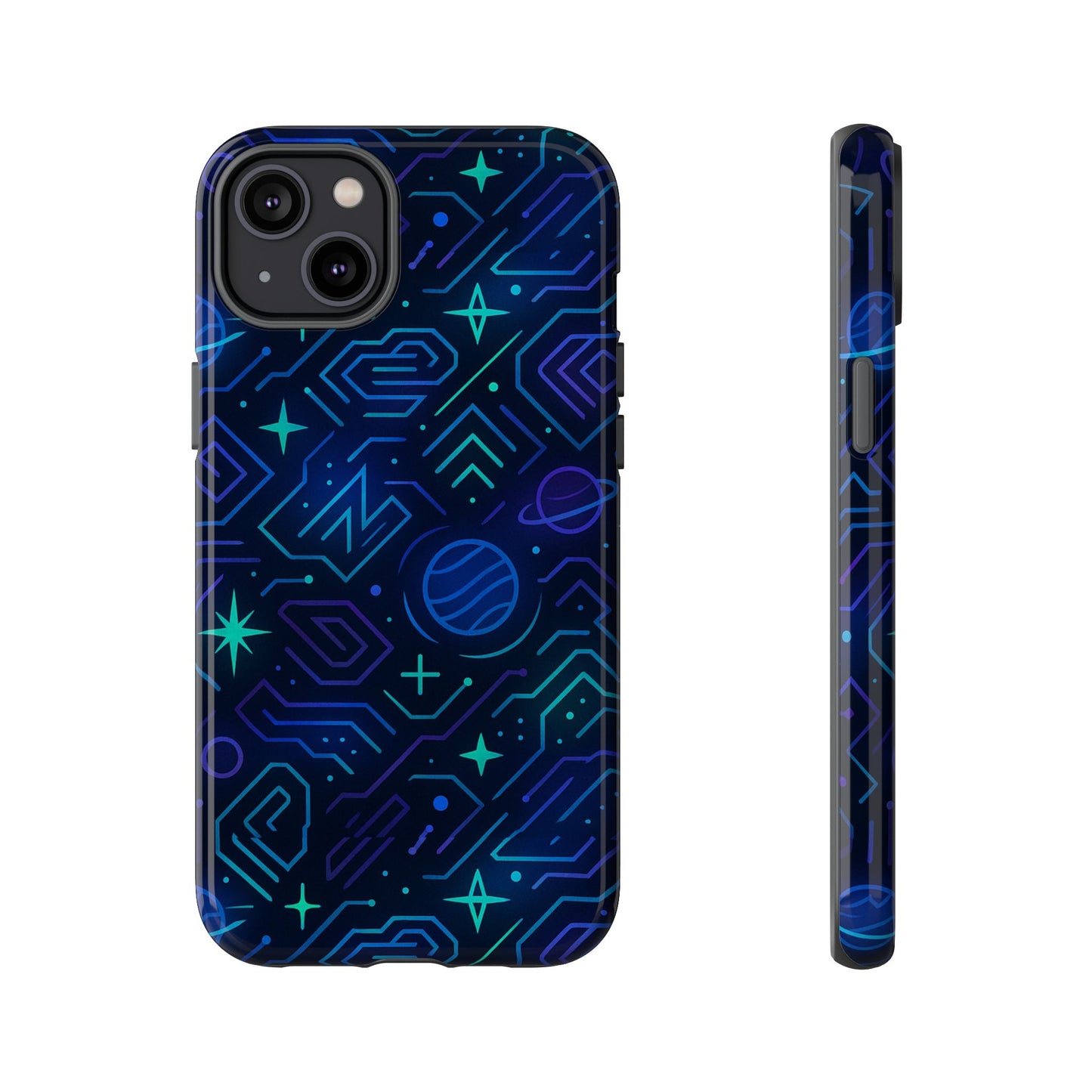 vibrant space design protective phone case in blue and green 3d wrap for stylish protection compatible with iphone 13, 14, 15 & 16 – all models including pro, pro max & plus