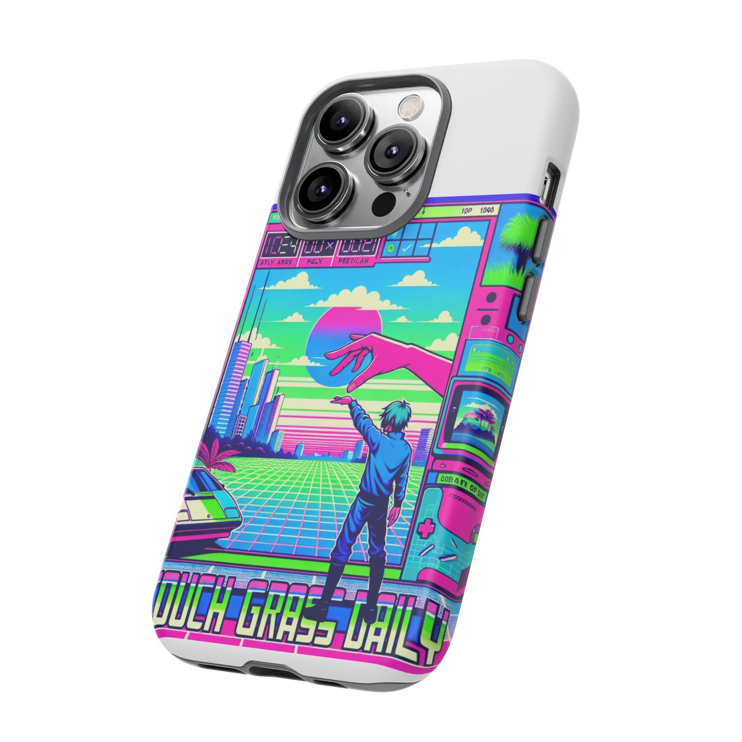 touch grass daily 3d wrap protective phone case for smartphones, durable shock absorption, uv protected, unique anime design, fun gift for tech enthusiasts