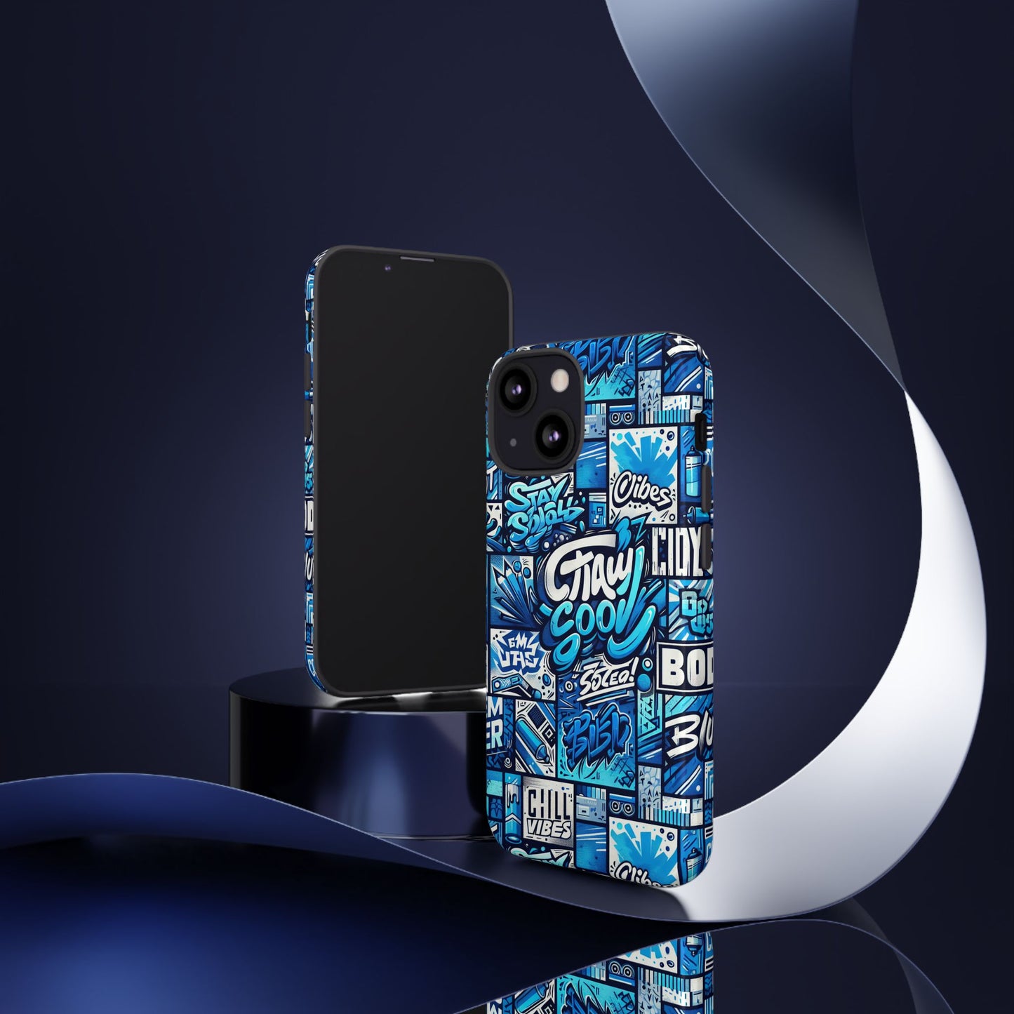 vibrant 3d graphic phone case in blue with playful design for stylish protection compatible with iphone 13, 14, 15 & 16 – all models including pro, pro max & plus