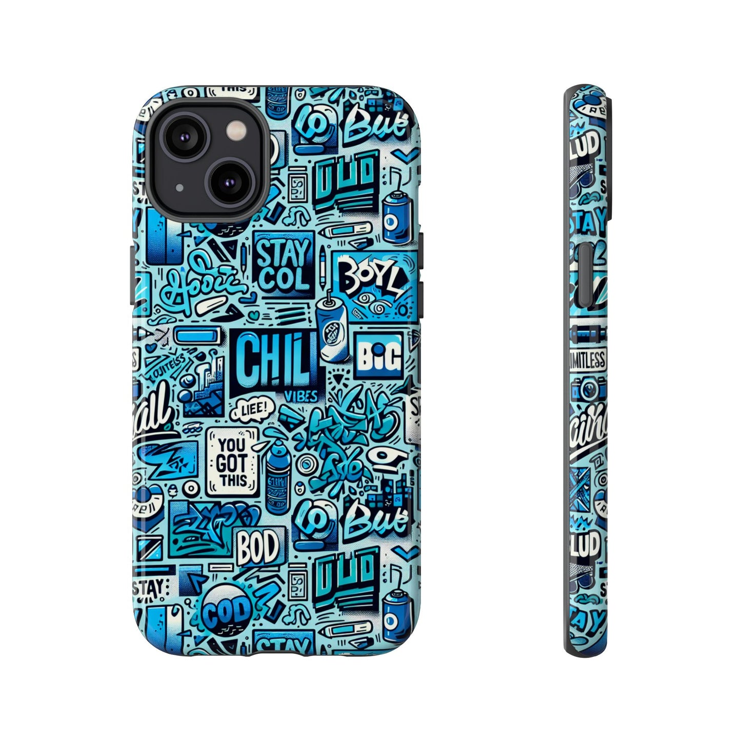 vibrant retro graffiti phone case in blue for men and women stylish protection accessory compatible with iphone 13, 14, 15 & 16 – all models including pro, pro max & plus