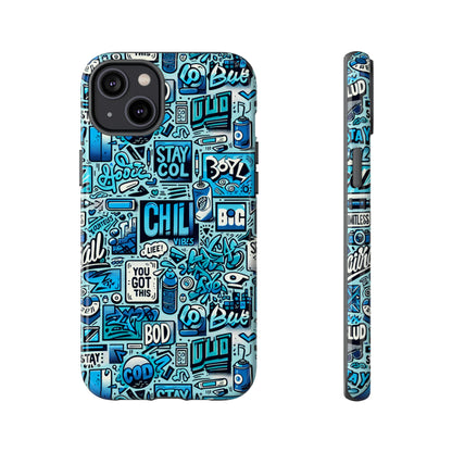 Vibrant Retro Graffiti Phone Case in Blue for Men and Women Stylish Protection Accessory Compatible with iPhone 13, 14, 15 & 16 – all models including Pro, Pro Max & Plus