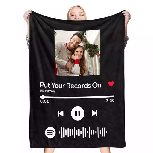 Scannable Music Code Photo Engraved Black Blanket Gift for Couple - Soft Fleece, Machine Washable, Long-lasting Print, Ideal for Music Lovers