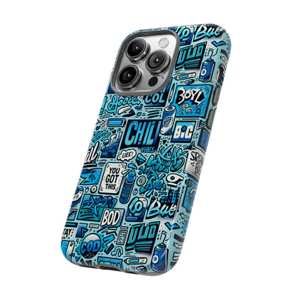 Vibrant Retro Graffiti Phone Case in Blue for Men and Women Stylish Protection Accessory Compatible with iPhone 13, 14, 15 & 16 – all models including Pro, Pro Max & Plus
