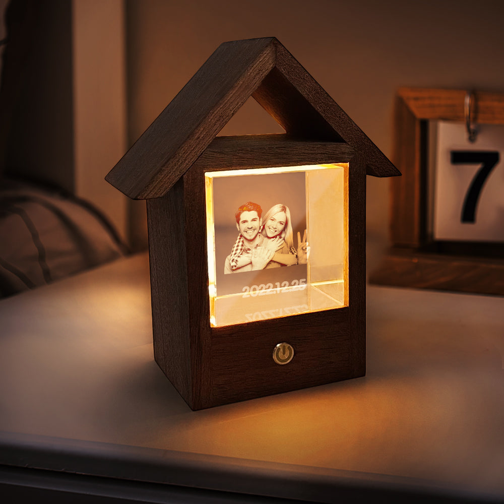 custom 3d crystal photo lamp wooden house night light - unique touch switch design, perfect gift for home decor and personalised memories