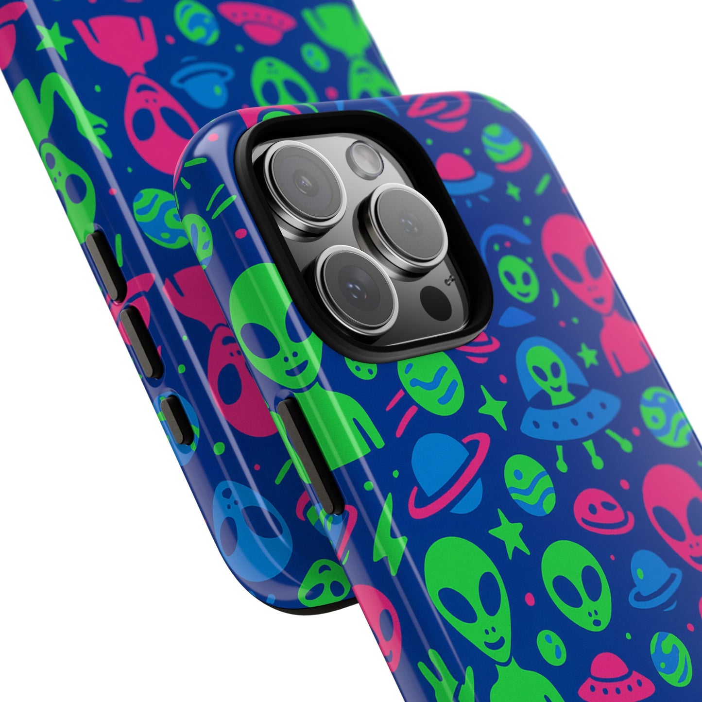 vibrant multicolour alien 3d wrap phone case in retro anime style for stylish protection compatible with iphone 13, 14, 15 & 16 – all models including pro, pro max & plus