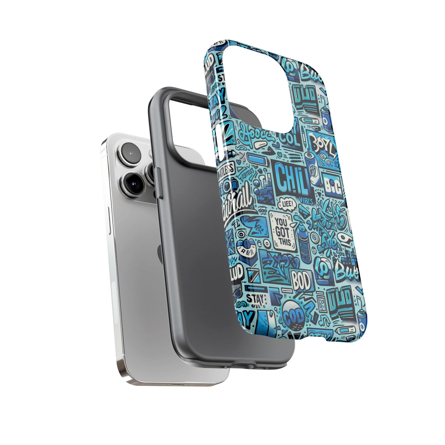 vibrant retro graffiti phone case in blue for men and women stylish protection accessory compatible with iphone 13, 14, 15 & 16 – all models including pro, pro max & plus