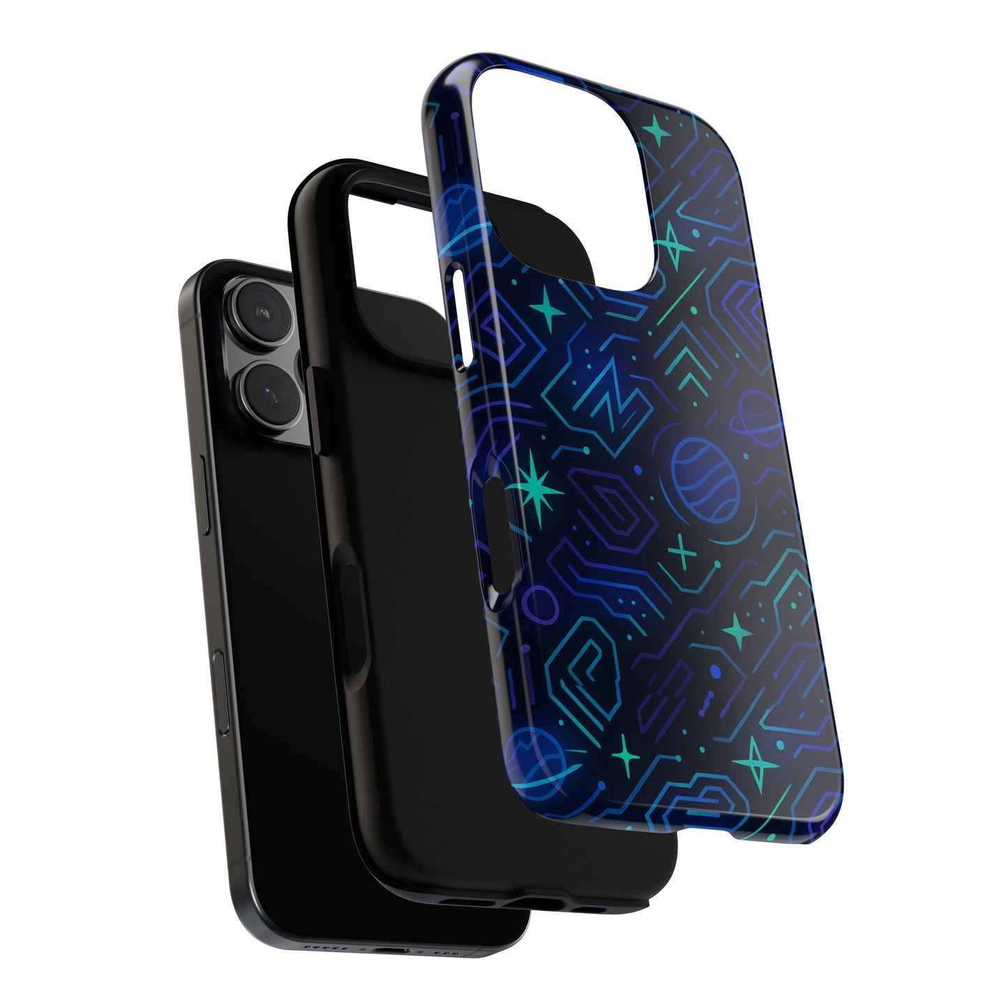 vibrant space design protective phone case in blue and green 3d wrap for stylish protection compatible with iphone 13, 14, 15 & 16 – all models including pro, pro max & plus
