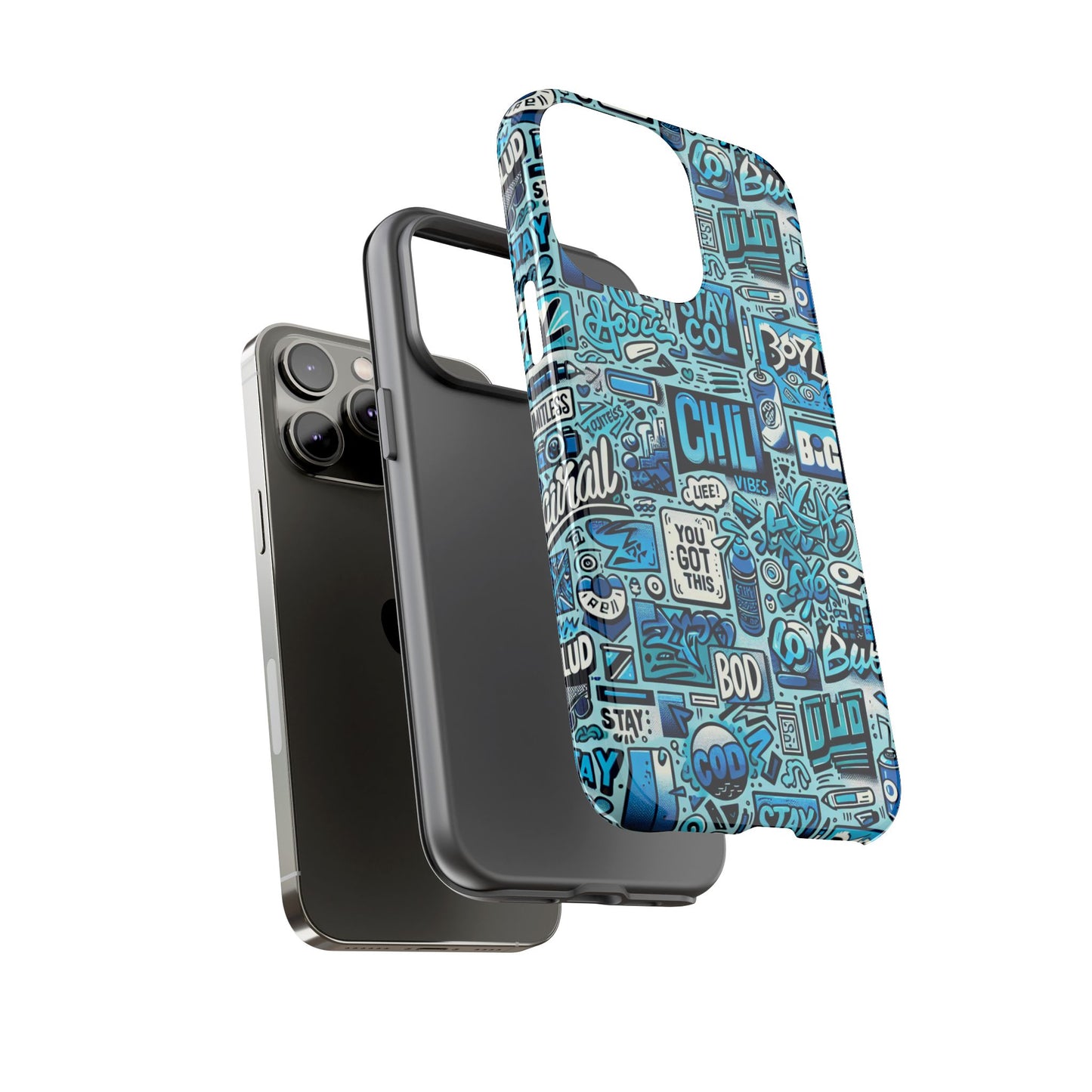 vibrant retro graffiti phone case in blue for men and women stylish protection accessory compatible with iphone 13, 14, 15 & 16 – all models including pro, pro max & plus