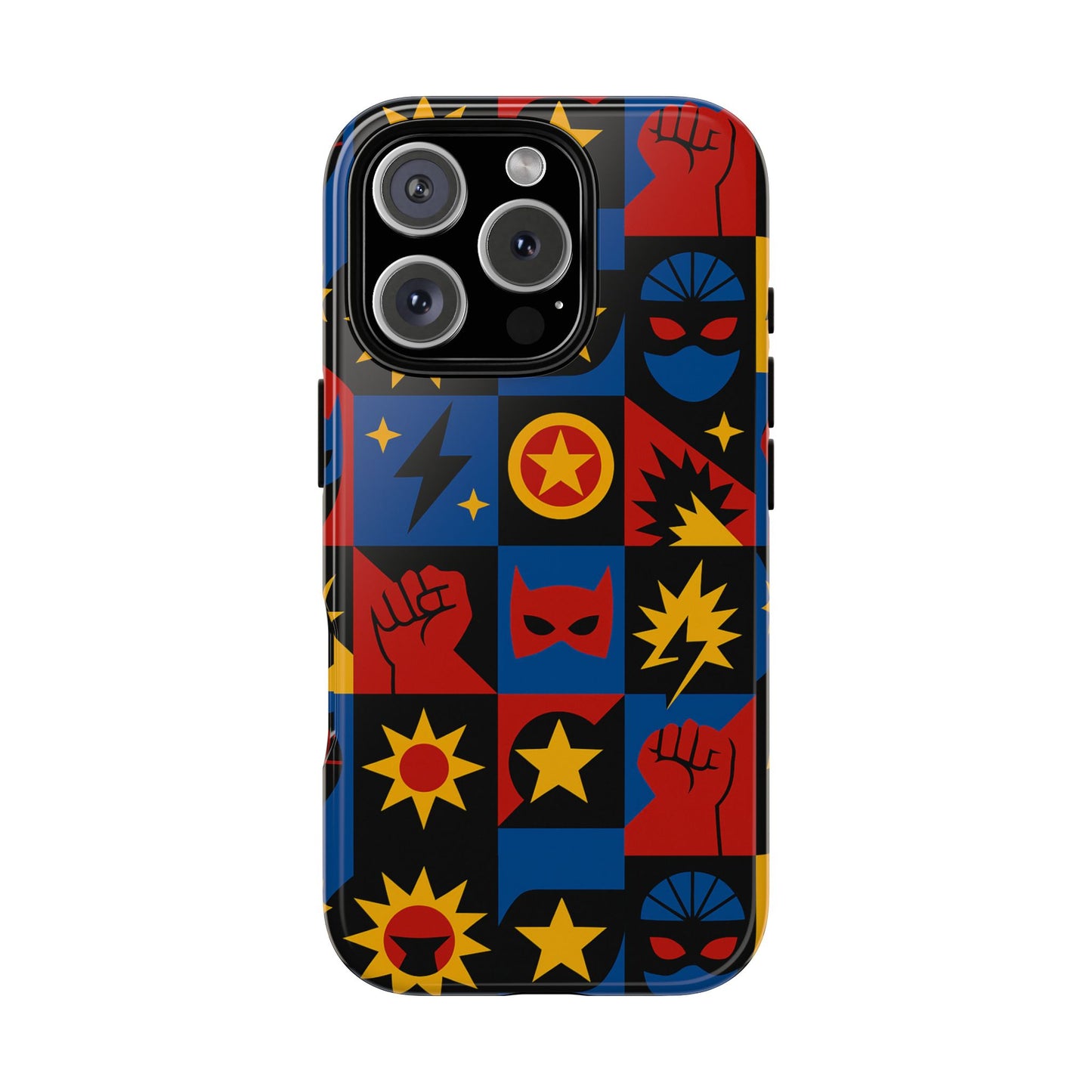 vibrant superhero phone case with retro 3d design for stylish protection compatible with iphone 13, 14, 15 & 16 – all models including pro, pro max & plus