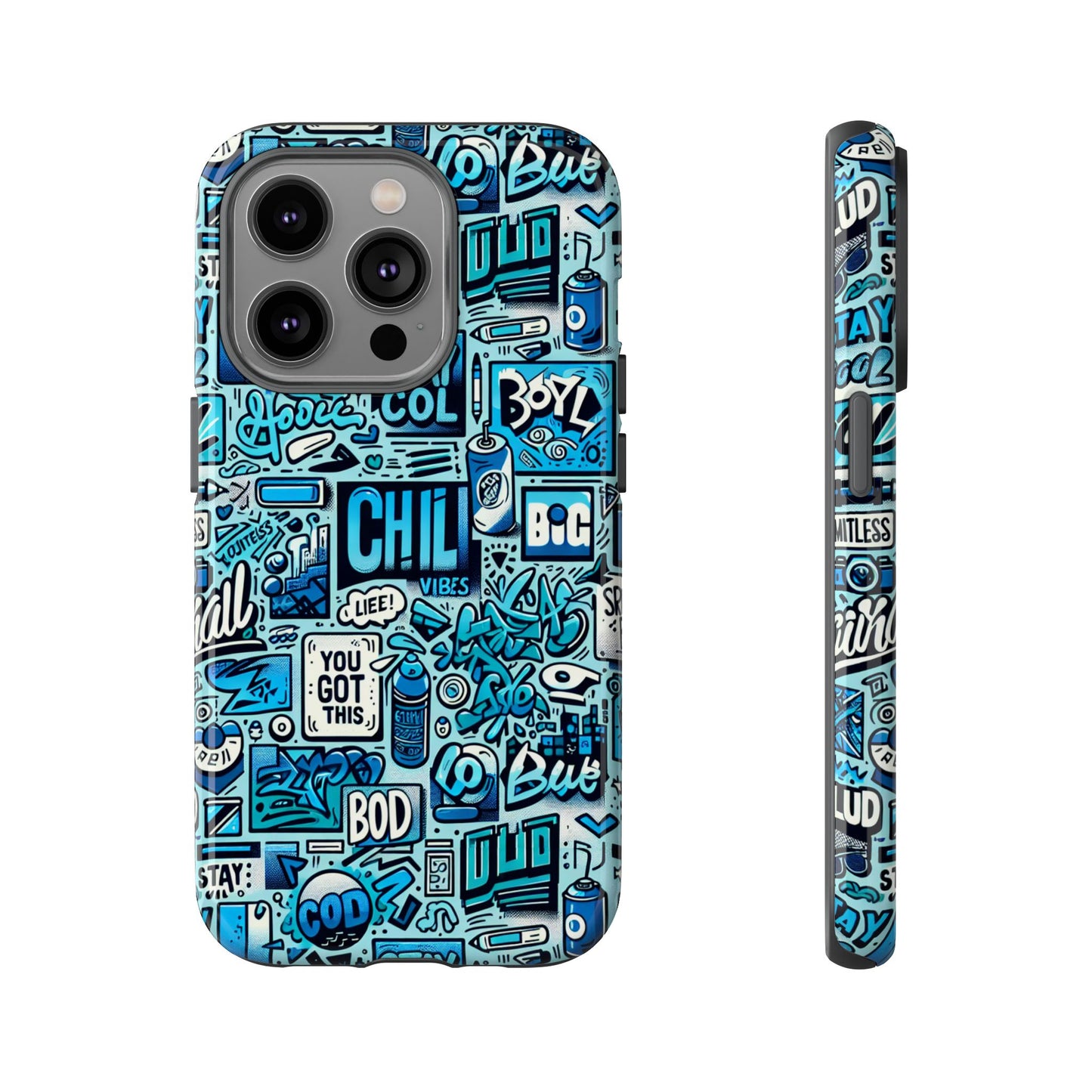 vibrant retro graffiti phone case in blue for men and women stylish protection accessory compatible with iphone 13, 14, 15 & 16 – all models including pro, pro max & plus