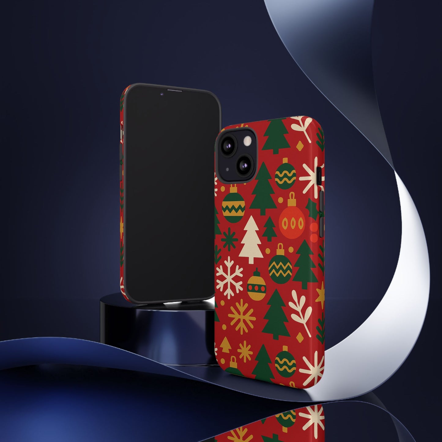 vibrant red 3d wrap protective phone case with christmas tree and ornament design for stylish protection compatible with iphone 13, 14, 15 & 16 – all models including pro, pro max & plus