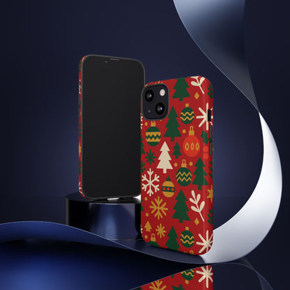 Vibrant Red 3D Wrap Protective Phone Case with Christmas Tree and Ornament Design for Stylish Protection Compatible with iPhone 13, 14, 15 & 16 – all models including Pro, Pro Max & Plus
