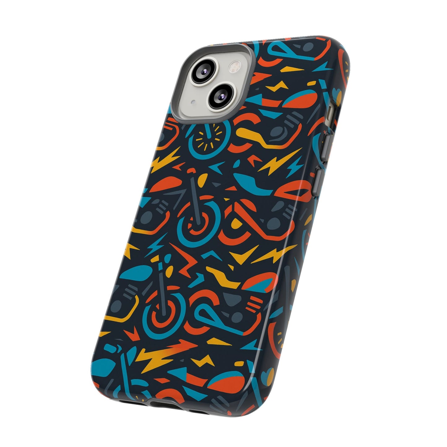 multicolour 3d wrap phone case with fun motorcycle design, stylish protective accessory for men and women, compatible with iphone 13, 14, 15 & 16 – all models including pro, pro max & plus