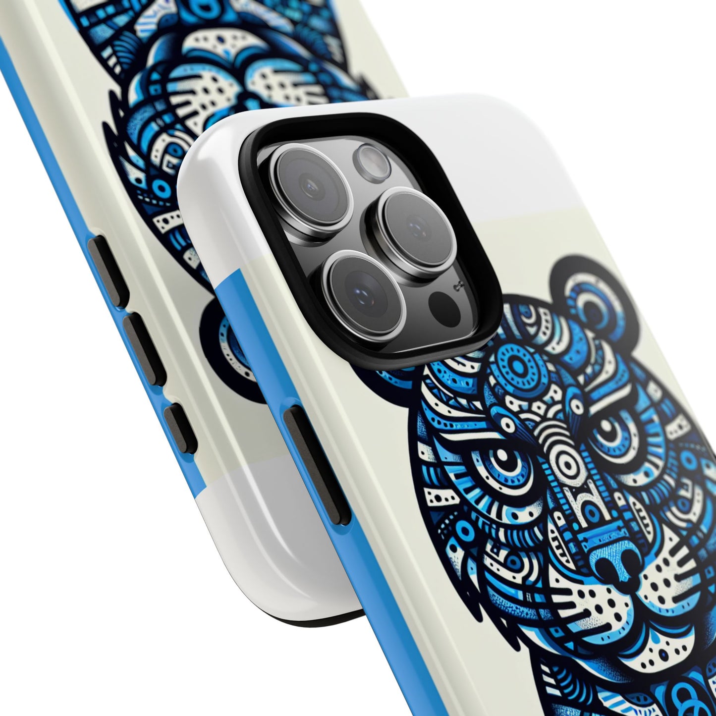 vibrant blue geometric tiger design phone case – stylish protection accessory for self-expression compatible with iphone 13, 14, 15 & 16 – all models including pro, pro max & plus