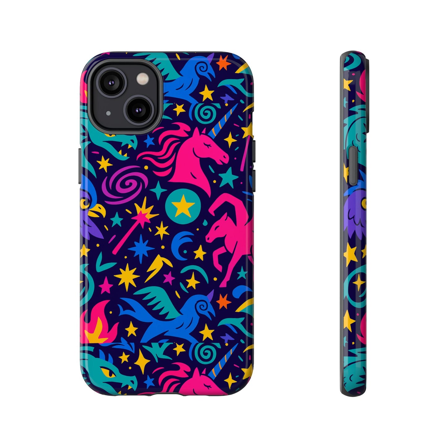 vibrant fantasy unicorns protective phone case – colourful 3d design for stylish protection – compatible with iphone 13, 14, 15 & 16 – all models including pro, pro max & plus